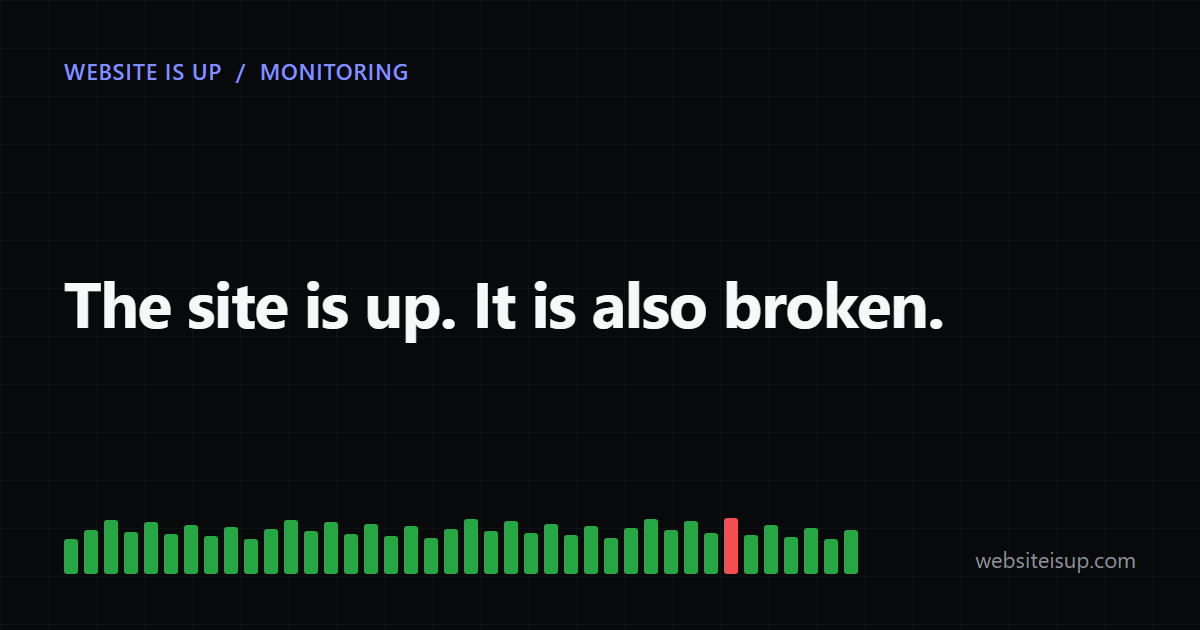 Website is Up banner reading The site is up. It is also broken, above a strip of check bars with one red