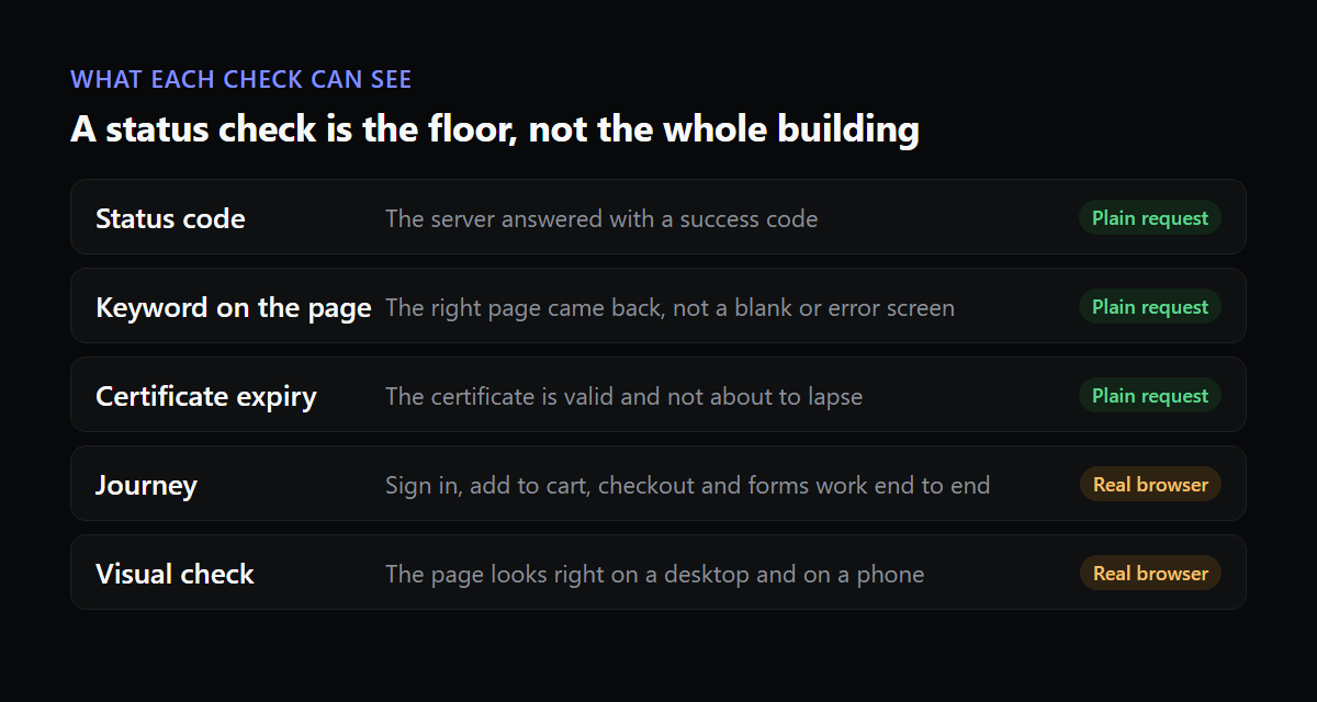 Five checks listed from status code to visual check, showing which need only a plain request and which need a real browser